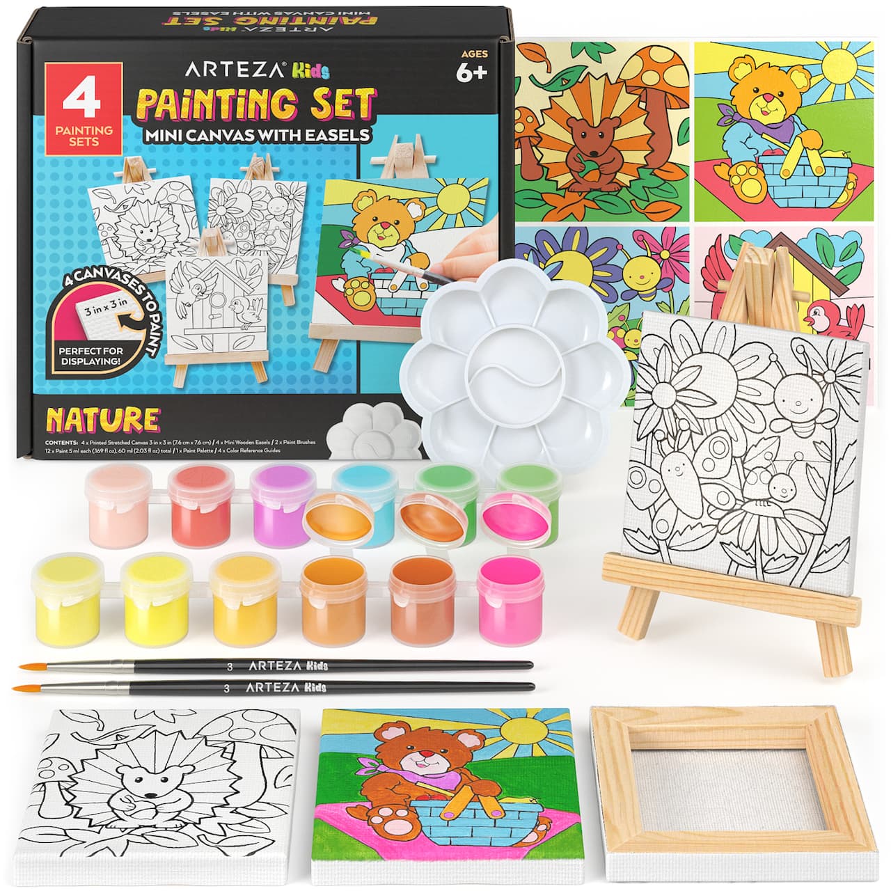 Arteza® Kids Canvas Paint Kit, 4 Mini Canvas- 3 x 3 with Easel, Nature